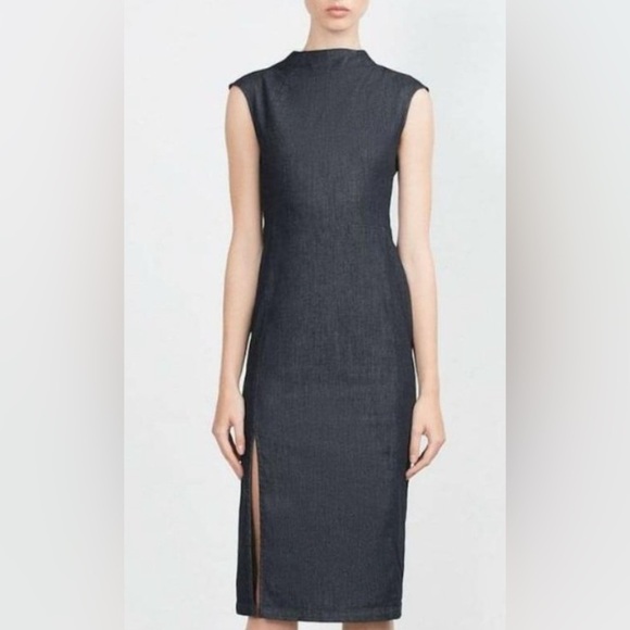 Zara Dresses & Skirts - Zara Dark Navy Denim Midi Dress with Front Slit Cap Sleeve Jean Dress Size M